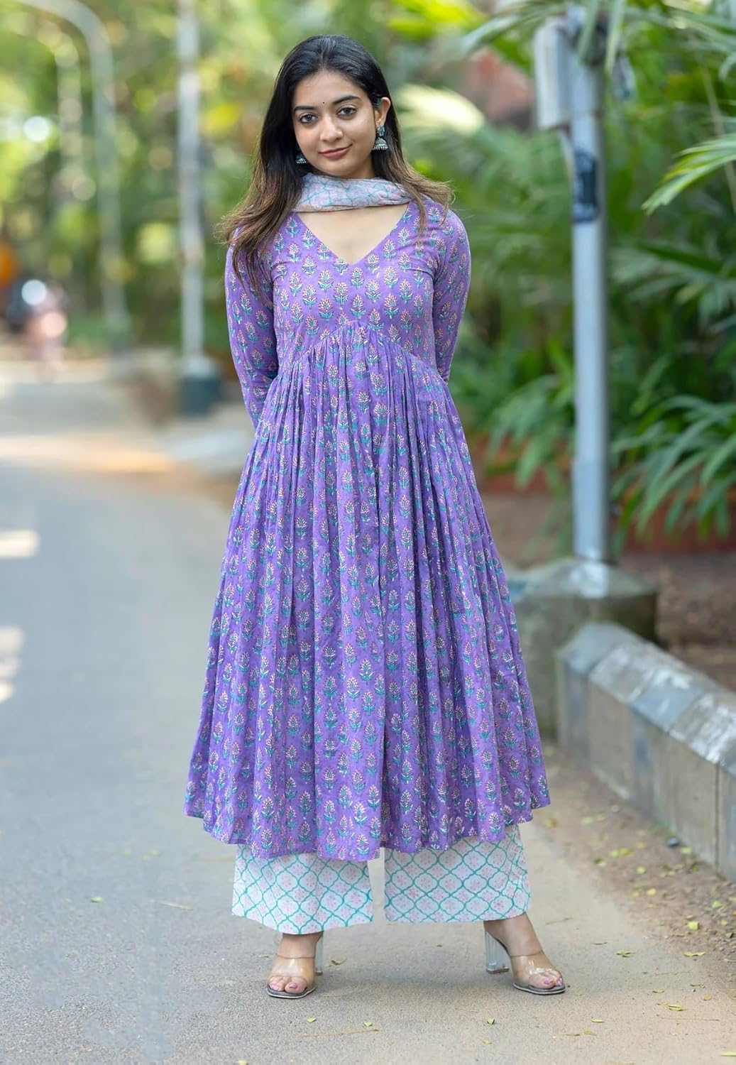 Nermosa Women Printed Anarkali Kurta and Pant Set with Dupatta