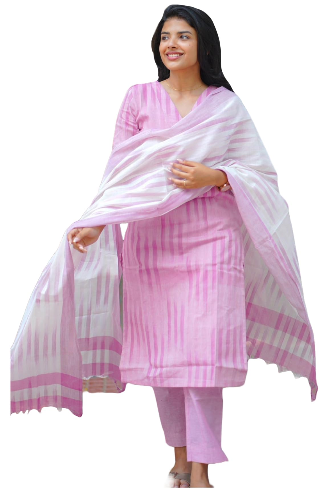 ANNI DESIGNER Women's Cotton Kurta Pant Dupatta Set | Light Pink Ikkat Print Suit Set for Women | Kurta Sets for Woman | Pure Cotton Kurti Set | 3-Piece Festival Ethnic Dress