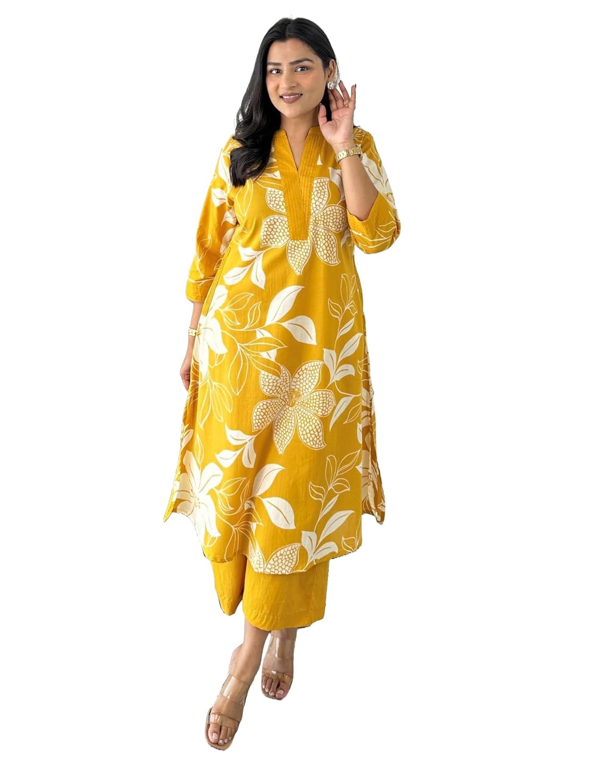 LookMark Women's Floral Printed Cotton Blend 3/4th Sleeve Knee Length V-Neck Kurta and Palazzo Set for Women