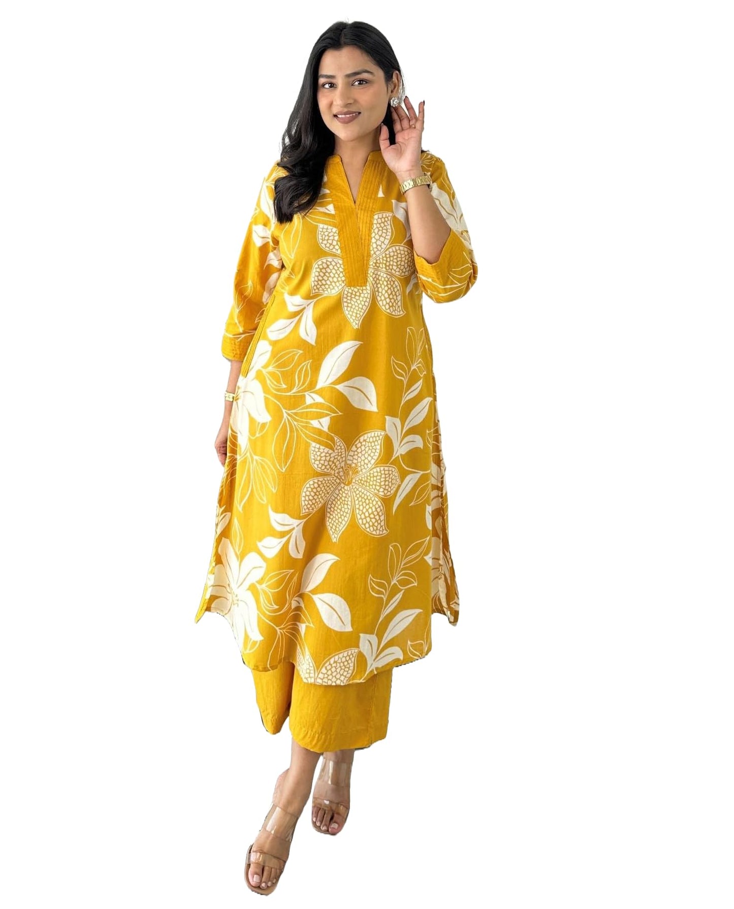 LookMark Women's Floral Printed Cotton Blend 3/4th Sleeve Knee Length V-Neck Kurta and Palazzo Set for Women