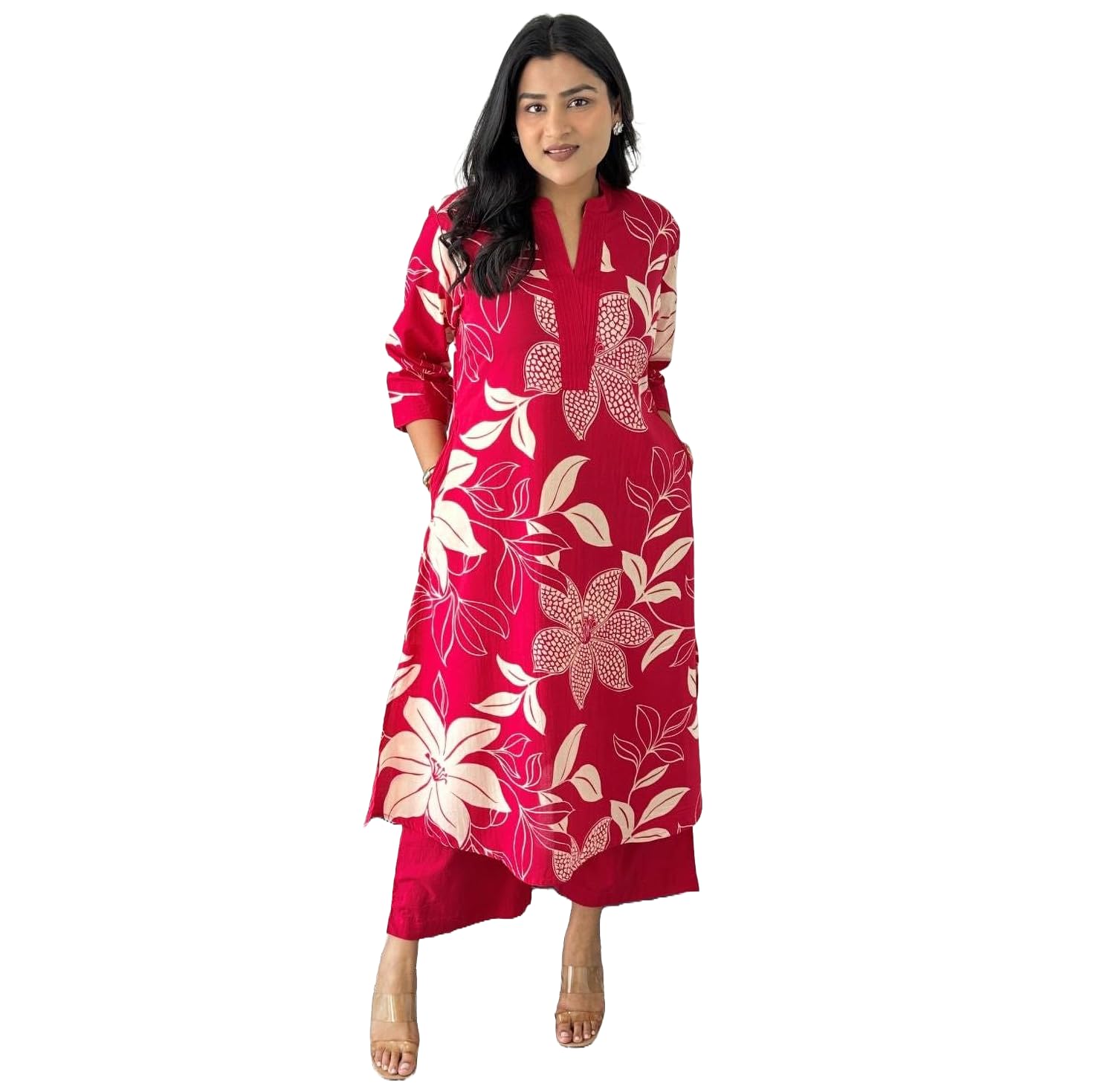 LookMark Women's Floral Printed Cotton Blend 3/4th Sleeve Knee Length V-Neck Kurta and Palazzo Set for Women