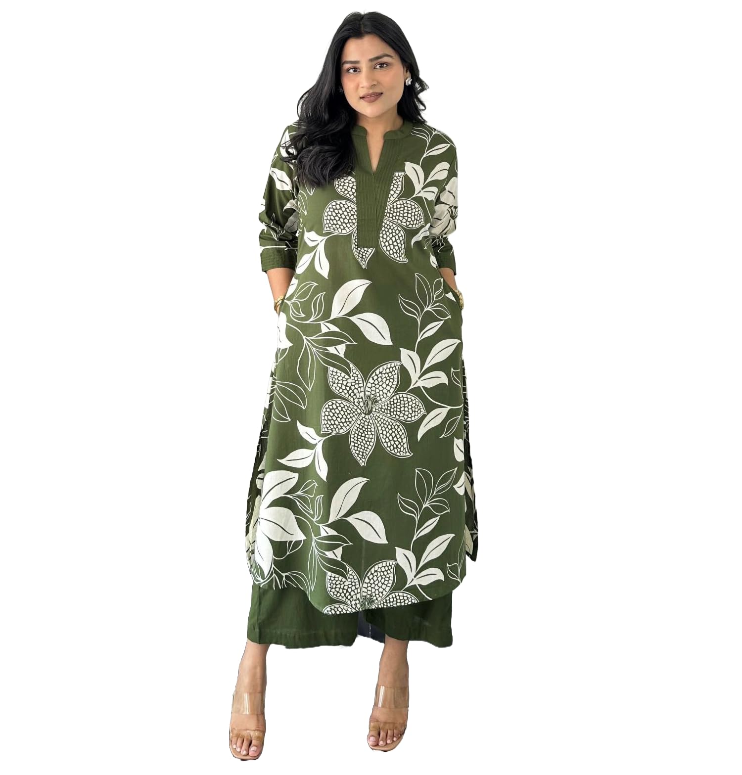 LookMark Women's Floral Printed Cotton Blend 3/4th Sleeve Knee Length V-Neck Kurta and Palazzo Set for Women