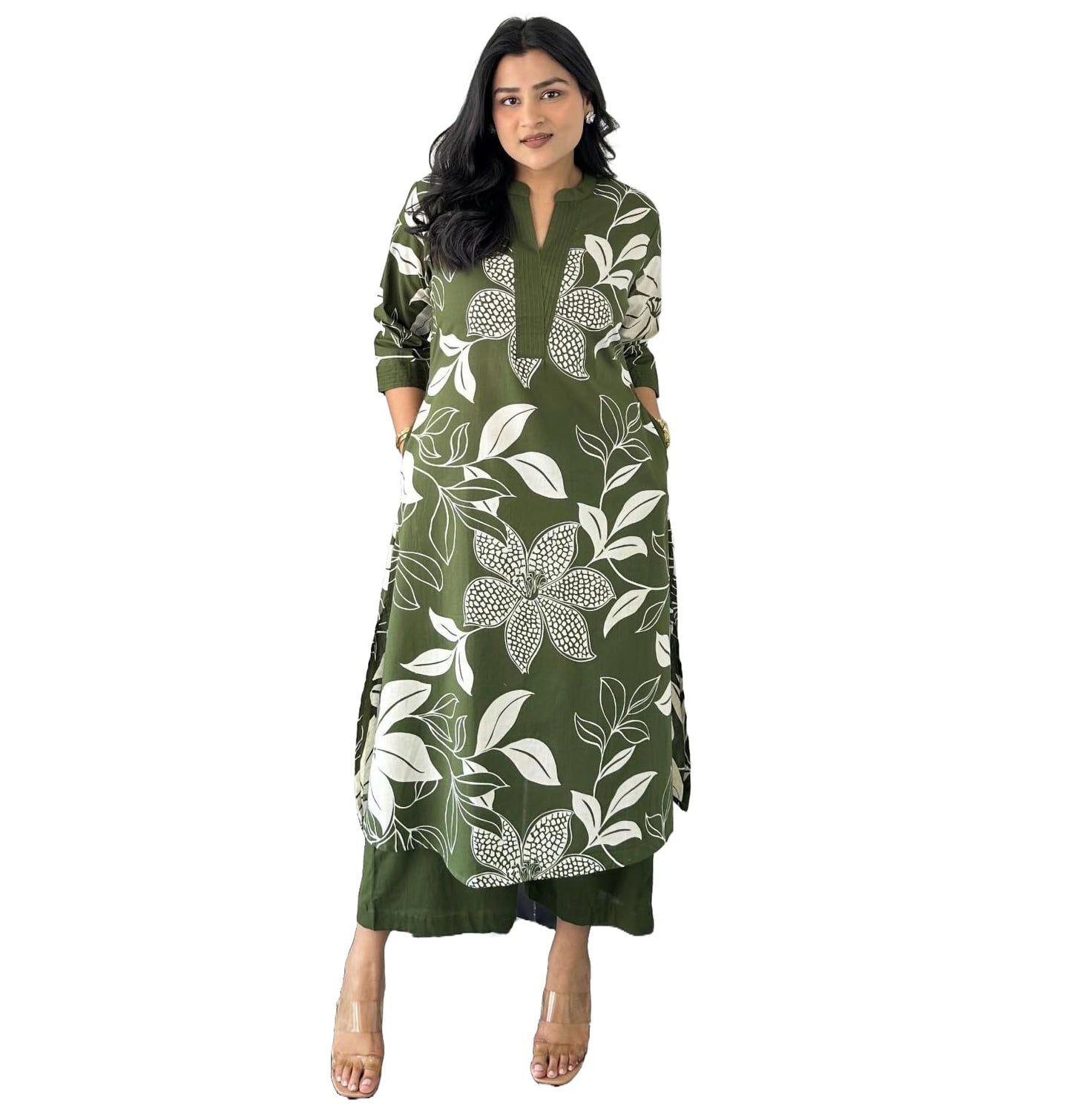 LookMark Women's Floral Printed Cotton Blend 3/4th Sleeve Knee Length V-Neck Kurta and Palazzo Set for Women