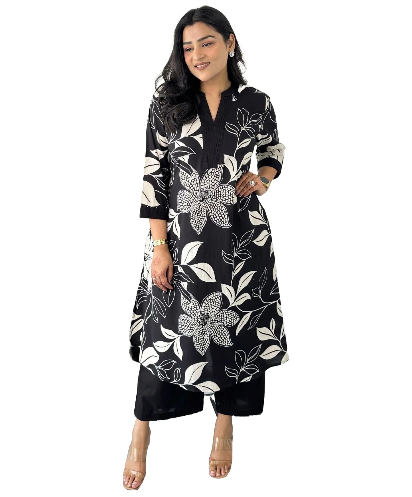 LookMark Women's Floral Printed Cotton Blend 3/4th Sleeve Knee Length V-Neck Kurta and Palazzo Set for Women