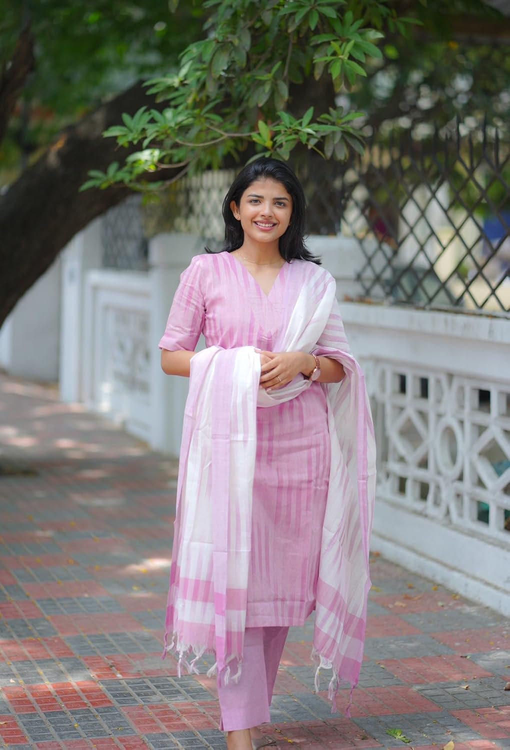 ANNI DESIGNER Women's Cotton Kurta Pant Dupatta Set | Light Pink Ikkat Print Suit Set for Women | Kurta Sets for Woman | Pure Cotton Kurti Set | 3-Piece Festival Ethnic Dress