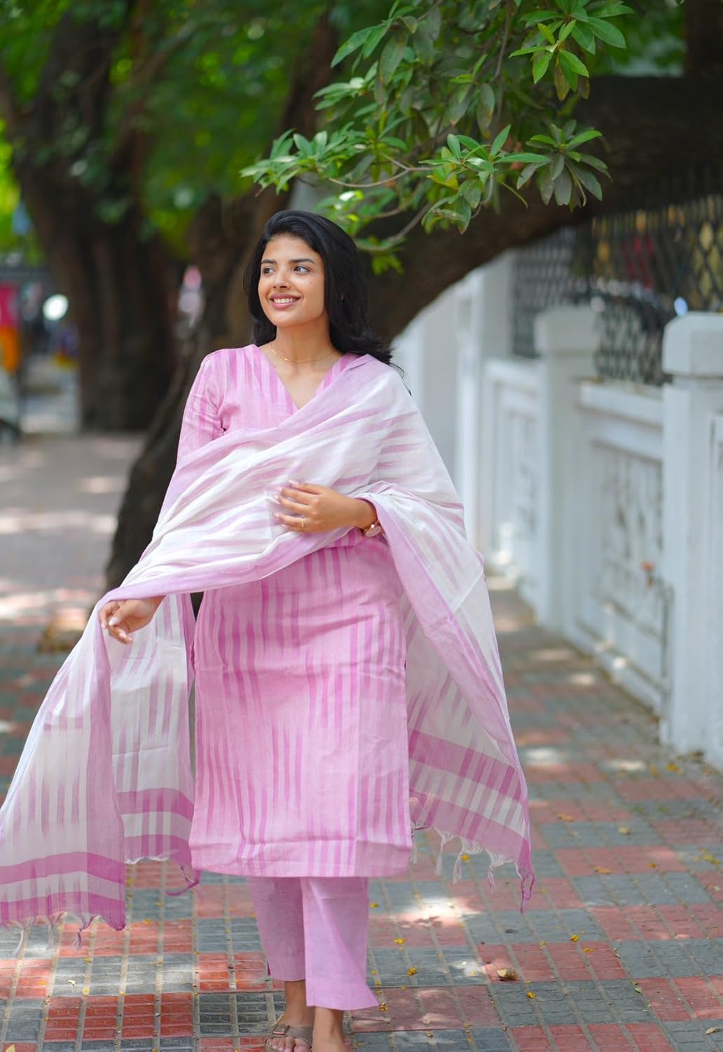 ANNI DESIGNER Women's Cotton Kurta Pant Dupatta Set | Light Pink Ikkat Print Suit Set for Women | Kurta Sets for Woman | Pure Cotton Kurti Set | 3-Piece Festival Ethnic Dress