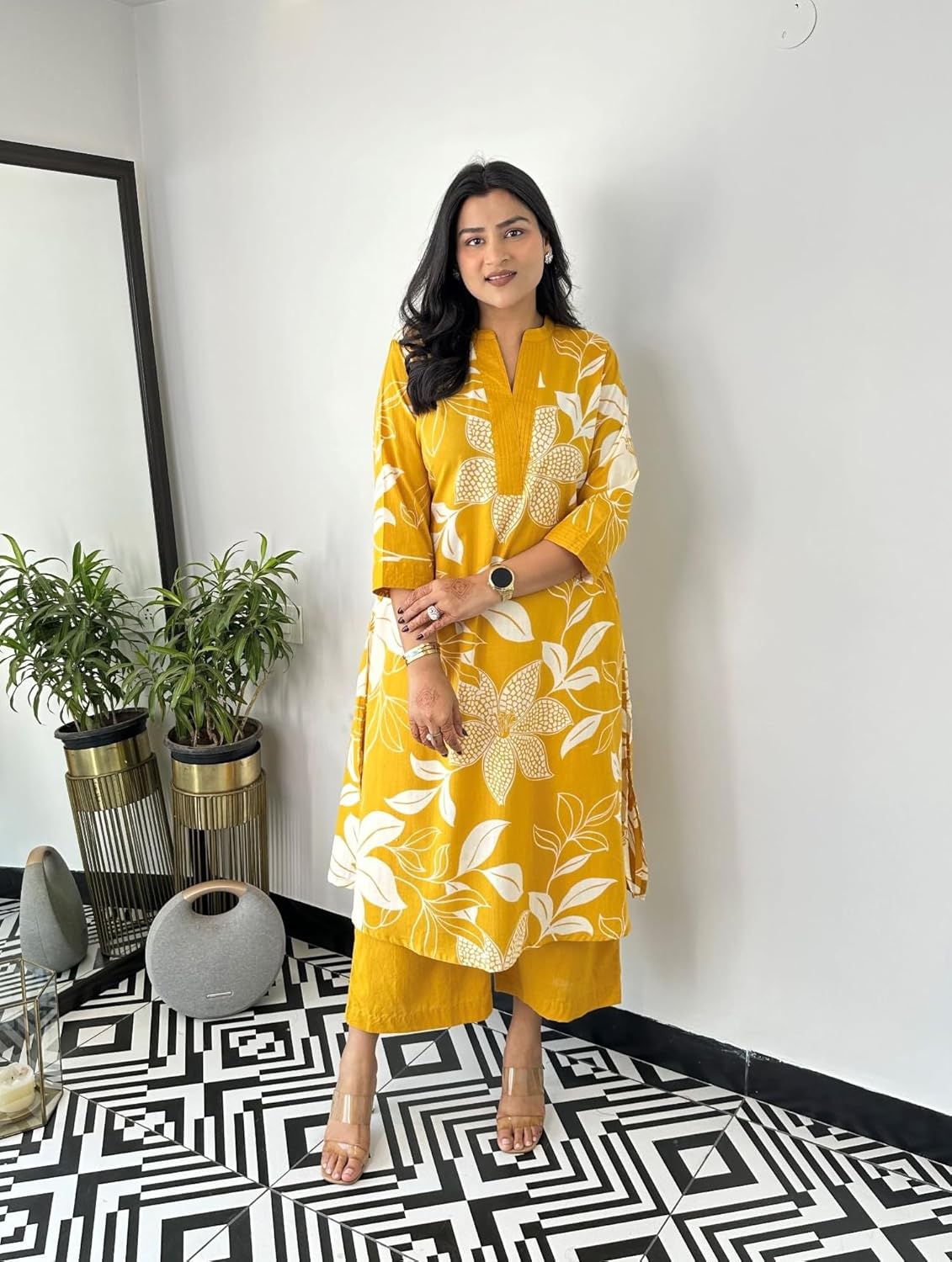 LookMark Women's Floral Printed Cotton Blend 3/4th Sleeve Knee Length V-Neck Kurta and Palazzo Set for Women