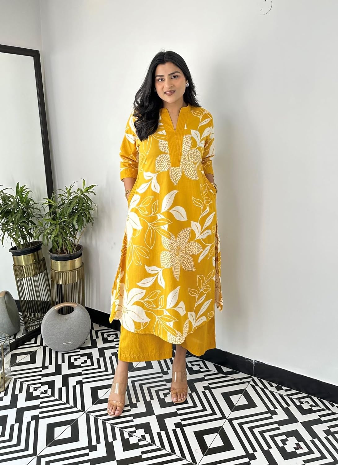 LookMark Women's Floral Printed Cotton Blend 3/4th Sleeve Knee Length V-Neck Kurta and Palazzo Set for Women