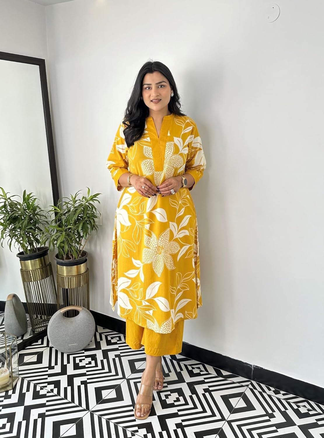 LookMark Women's Floral Printed Cotton Blend 3/4th Sleeve Knee Length V-Neck Kurta and Palazzo Set for Women